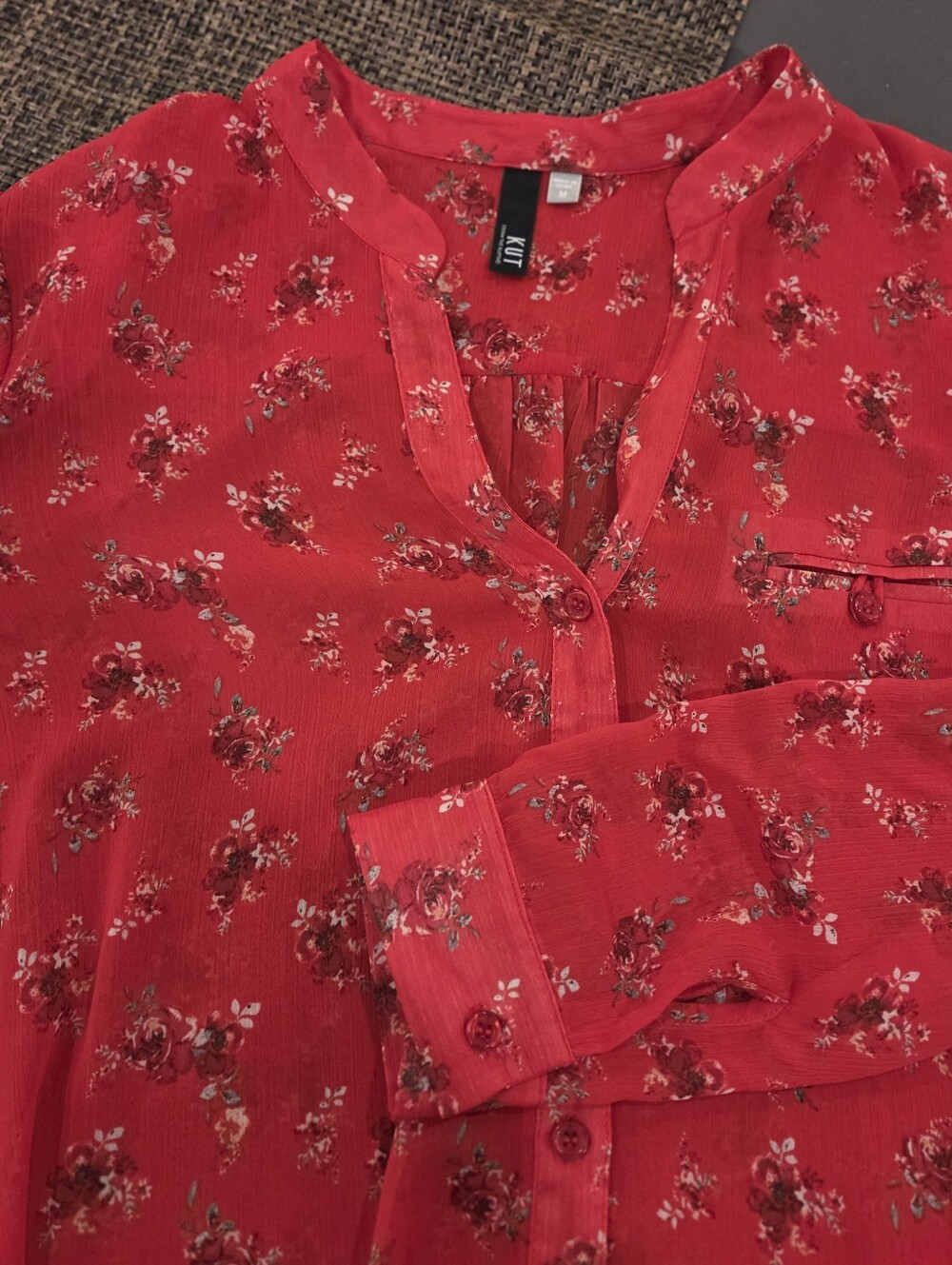 KUT from the Kloth Sheer Ditsy Floral Blouse Red Pink Boho Size M